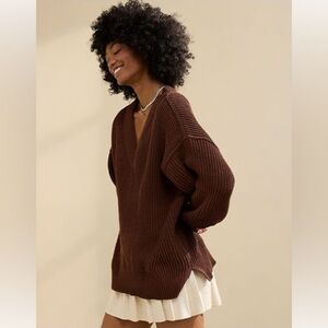 Aerie Beyond Chenille Rich Brown Slouchy Ribbed V-Neck Sweater